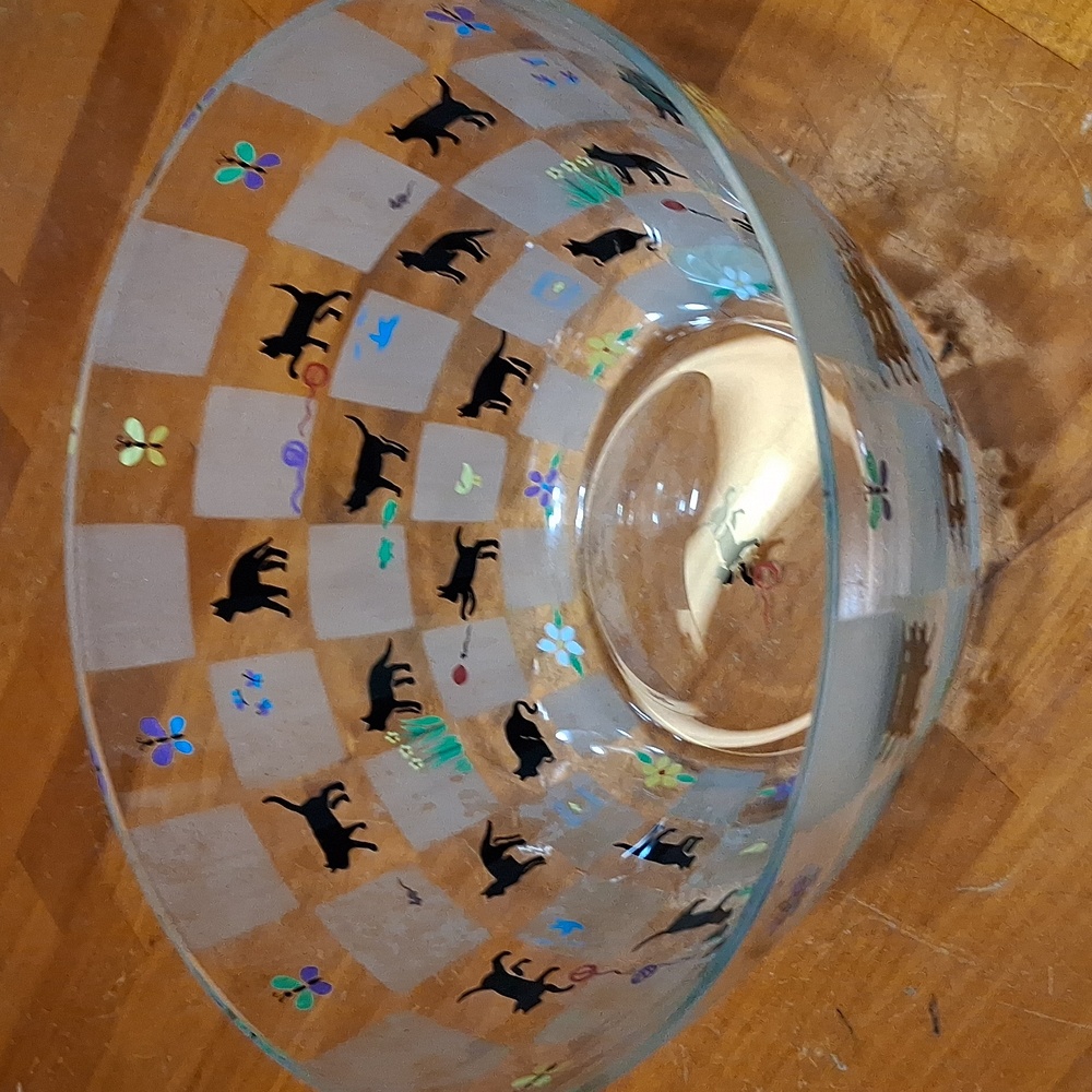 Vtg Lenox "Cats At Play" Crystal Glass Serving Bowl